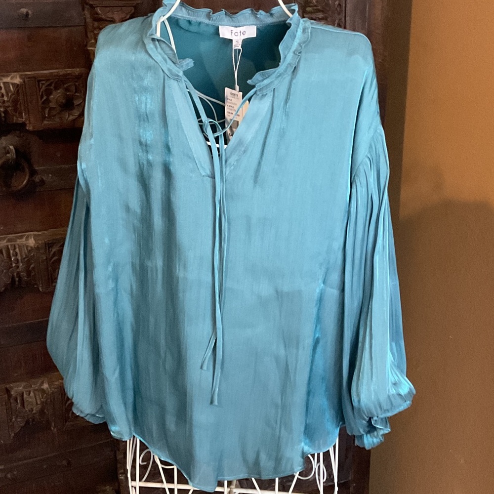 NWT Fate Teal Blouse with Tie Neck size S